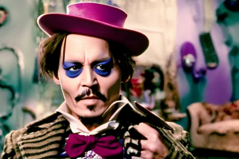 Image similar to cinematic still of deranged johnny depp showing off his knife collection in willy wonka & the chocolate factory film directed by tim burton, movie still, long lens, shallow depth of field, bokeh, anamorphic lens flare