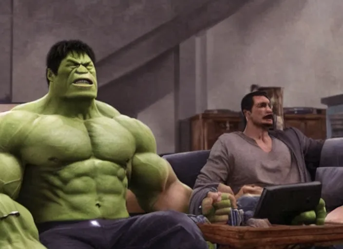 Image similar to Film Still of Hulk on the couch playing Xbox in the new Avengers movie, 4k