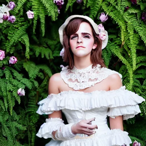 Image similar to wearing raybands wall full body fashion model emma watson smokey eyes makeup eye shadow fantasy, glow, shimmer as victorian woman in a long white frilly lace dress and a large white hat having tea in a sunroom filled with flowers, roses and lush fern flowers ,intricate, night, highly detailed, dramatic lighting , high quality