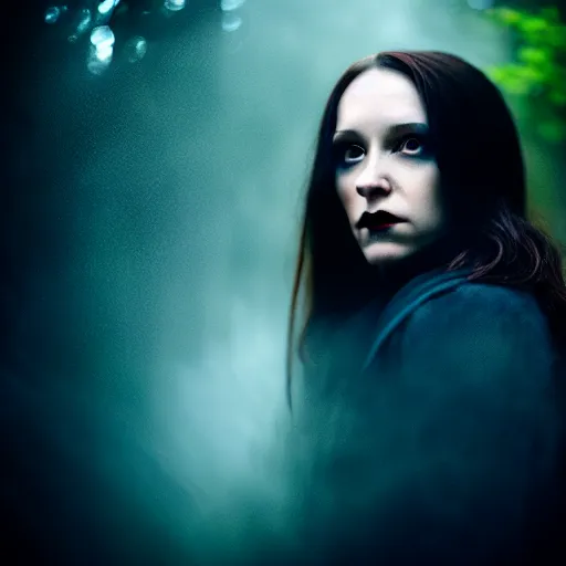 Image similar to Riveting Charismatic brunette female vampire, portrait, atmospheric lighting, painted, intricate, Highgate cemetery, mist, cold, volumetric lighting, beautiful, blue moon light, sharp focus, deep colours, ultra detailed, by Leesha Hannigan, Ross Tran, Thierry Doizon, Kai Carpenter, Ignacio Fernández Ríos