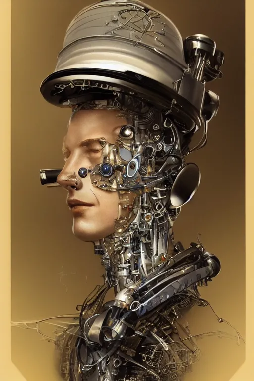 Prompt: a beautiful ultradetailed vintage photo of a futuristic cybernetic cyborg male wearing a toque chef hat, by tom bagshaw and anna dittman, portrait, 3 5 mm lens, golden ratio composition, detailed face, studio photography, very detailed, humanoids, industrial robots, artstation, 8 k, highly coherent