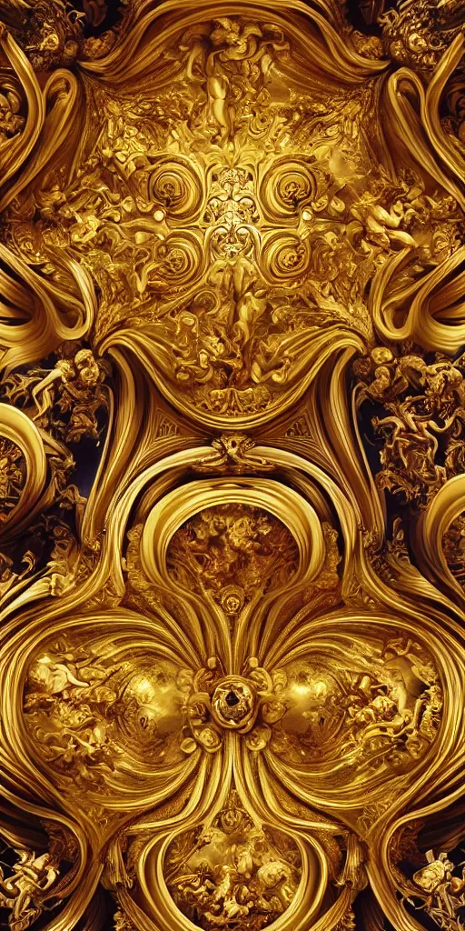 Image similar to the source of future growth dramatic, elaborate emotive Golden Baroque and Rococo styles to emphasise beauty as a transcendental, seamless pattern, symmetrical, large motifs, sistine chapel ceiling, 8k image, supersharp, spirals and swirls, Gold black and rainbow colors, perfect symmetry, 3D, no blur, sharp focus, photorealistic, insanely detailed and intricate, cinematic lighting, Octane render, epic scene, 8K