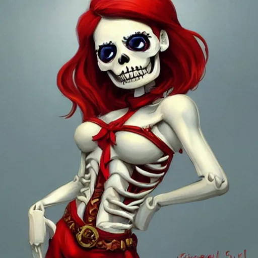 Prompt: cute & beautiful smug smiling undead skeleton girl with very attractive face and red hair dressed as a soviet mitary officer, elegant, digital art, fullbody painting, fantasy, pixar style, painting, pin up, highly detailed, artstation, art by artgerm, vrubel, greg rutkowski, ilya kuvshinov, raymond swanland