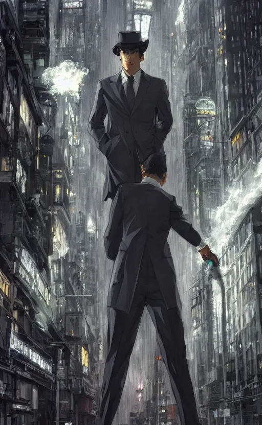 Prompt: a handsome godzilla detective wearing a gray fedora, suit, and trench coat, holdind a burning cigarette, standing in a night futuristic city, film noir, highly detailed, digital painting, artstation, cinematic lighting, in style of ilya kuvshinov, wlop, alphonse mucha, yoji shinkawa, anime aesthetic