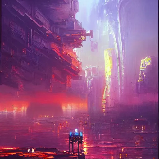 Prompt: a Stunning oil painting of A Great cyberpunk city on the sea by Paul Lehr,concept art,80s sci fi,hyper detailed,8K Resolution