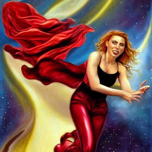 Prompt: Scarlett Johansson running from falling comets towards the camera, very very very epic painting by Julie Bell