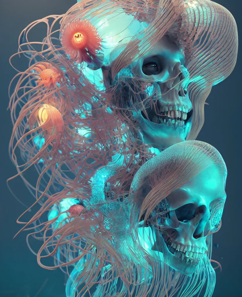 Image similar to goddess close - up portrait human skeleton, ram skull, jellyfish, orchid, betta fish, bioluminiscent, intricate artwork by tooth wu and wlop and beeple. octane render, trending on artstation, greg rutkowski very coherent symmetrical artwork. cinematic, hyper realism, high detail, octane render, 8 k