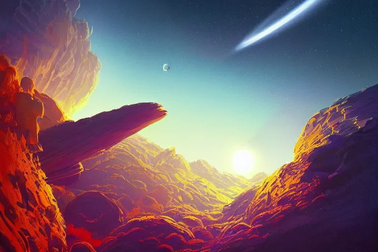 Prompt: a [ window to space opens up above earth ]!!, revealing a beautiful alien world, full of colorful vegetation, deep blue oceans, and a yellow sun shining down, sci - fi art, digital art, 3 d modeling, light painting, night scene, cosmic, illustrated by greg rutkowski, max hay, anton fadeev