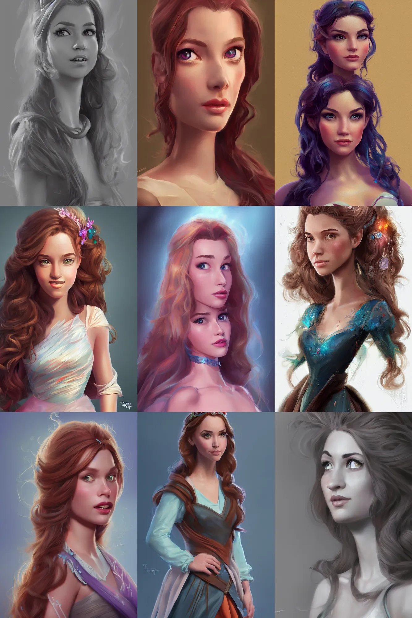 Prompt: full length portrait of a random disney princess, by tom cross, highly detailed, portrait, scifi, digital painting, artstation, concept art, smooth, sharp focc