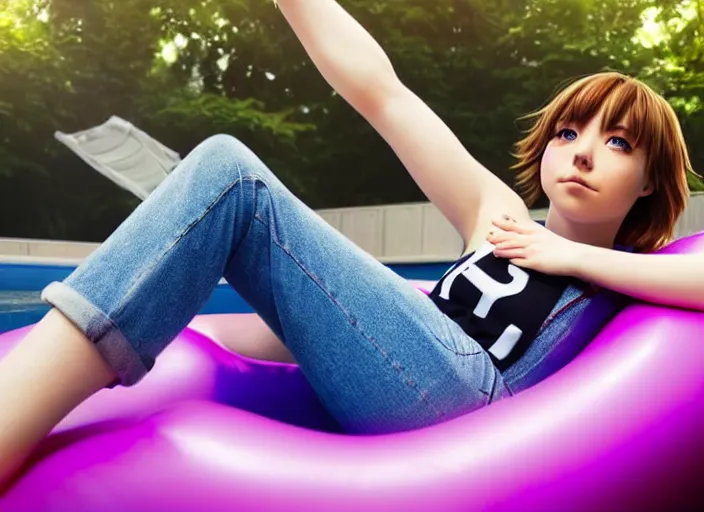 Image similar to closeup portrait of ochaco uraraka from my hero academia relaxing in jeans and a t - shirt on a floating pool chair, sunny, bright, reflections, intricate, sharp focus, lens flare, bloom, illustration, highly detailed, digital painting, concept art, matte, art by ruan jia and wlop and greg rutkowski, masterpiece