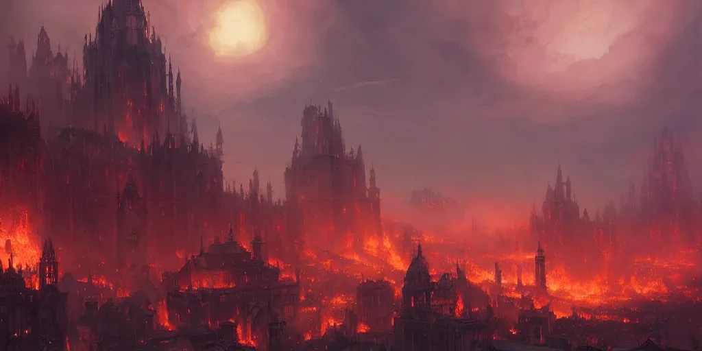 Image similar to A fantasy city completely covered in fire, rising smoke, dark fantasy, nighttime, detailed crimson moon, hyper realistic, by greg rutkowski, trending on artstation