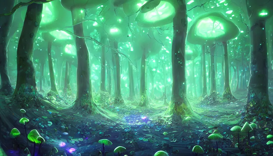 Prompt: a fluorescent giant mushrooms forest, beautiful crystal deposits glowing on the floor, in style of laurel d austin, 2 d art, concept art, fantasy, high detail, trending on artstation