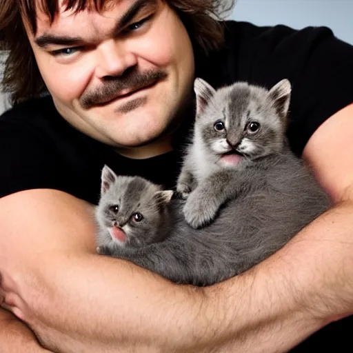 Prompt: jack black cuddling with kittens, hd