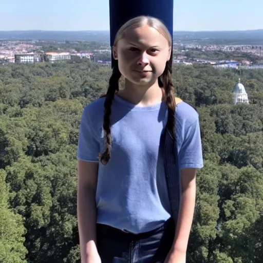Prompt: photo of greta thunberg standing on top of a very tall tower