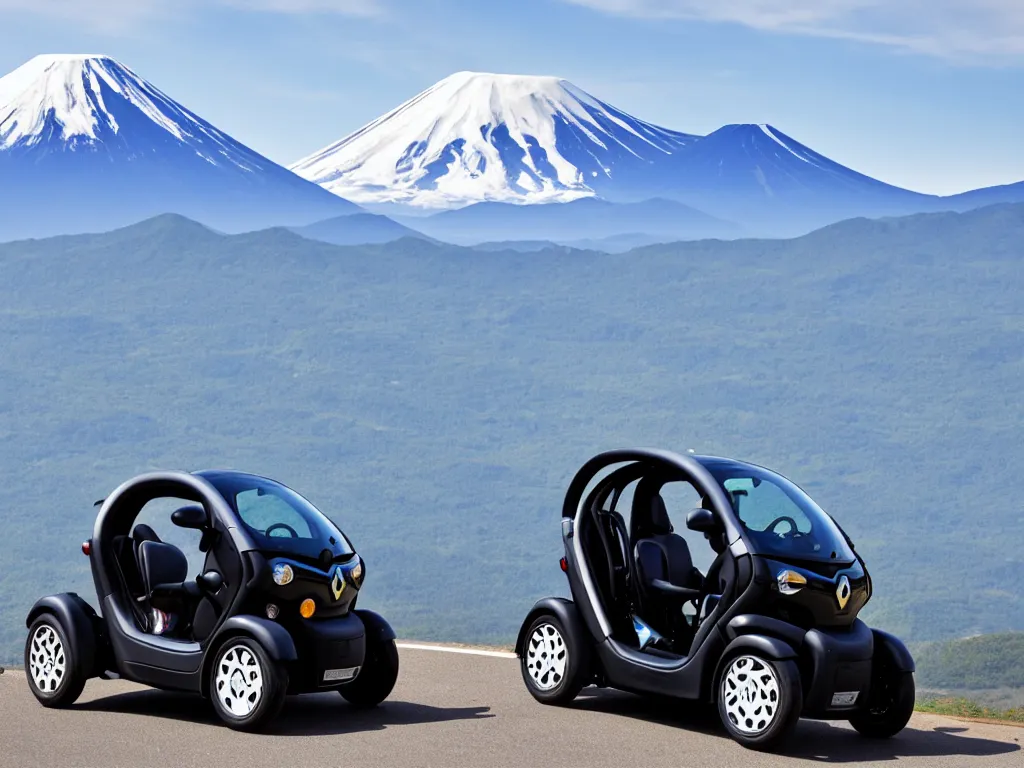 Prompt: Renault Twizy parked at a scenic viewpoint with mount Fuji in the background, manga visual