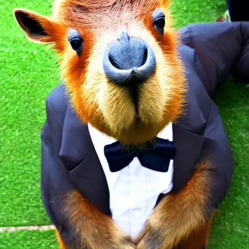 Image similar to an antropomorphic capybara wearing a suit