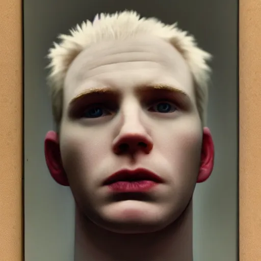 Image similar to realistic expired kodak film portrait of albino chris evans, hyperrealism, photorealistic, detailed, atmospheric, 8 k, award winning photography, cinematic