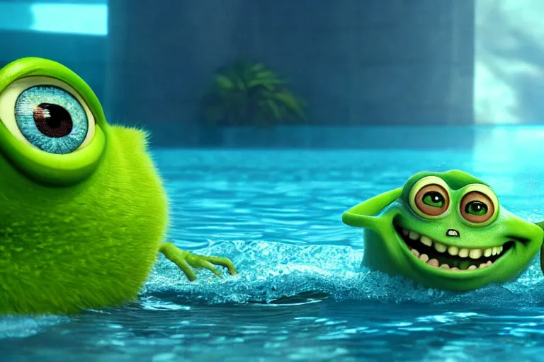 Image similar to diorama of mike wazowski swimming, setting is bliss wallpaper, realistic, 4 k, detailed, atmospheric, cinematic lighting, octane render, unreal engine render, ray tracing lighting