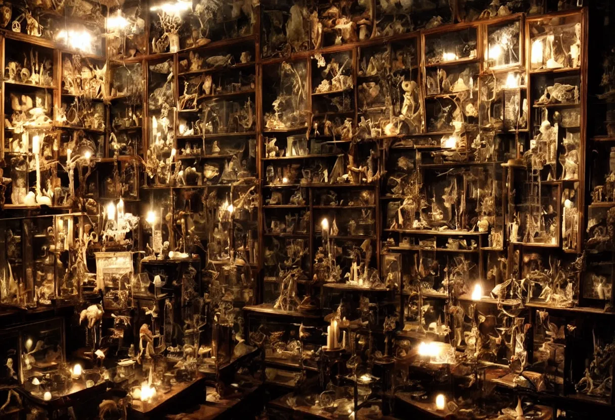 Prompt: wunderkammer, cabinet of curiosities, small dark room, large specimens, taxidermy, candles, desk, dramatic lighting, gloomy, moody, creepy