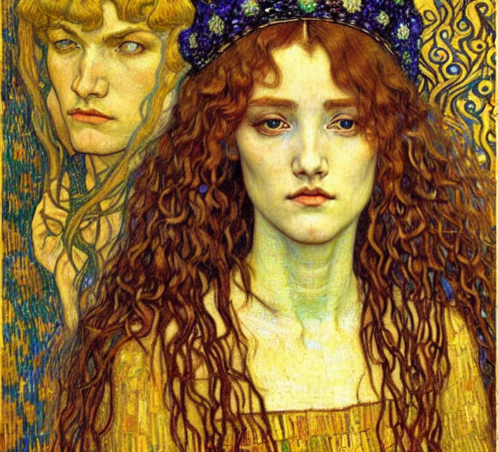 Image similar to detailed realistic beautiful young medieval queen face portrait by jean delville, gustav klimt and vincent van gogh, art nouveau, symbolist, visionary, gothic, pre - raphaelite, muted earthy colors, desaturated