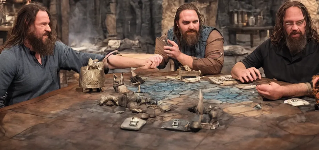 Image similar to Eitri, Gimli, and Thibbledorf Pwent. Competing in an episode of Forged In Fire