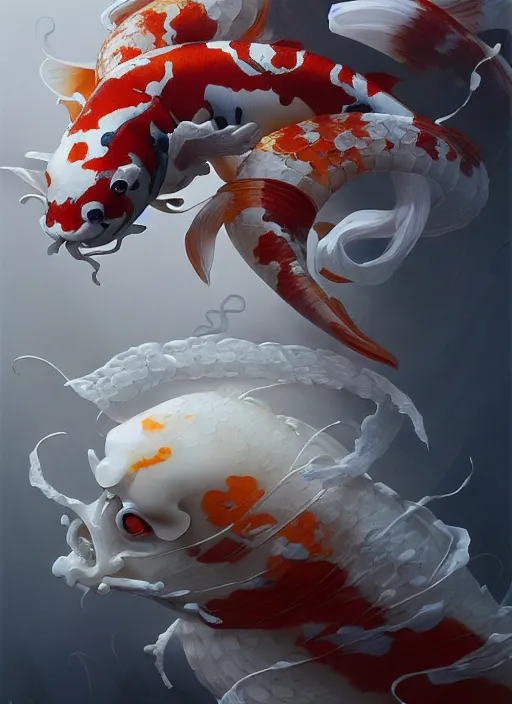 Image similar to subsurface scattering, white, koi, samurai deity with koi armor, floating ribbons, octane render, by jesper ejsing, james jean, justin gerard, tomasz alen kopera, cgsociety and fenghua zhong, highly detailed, rim light, cinematic lighting, art, very coherent, cinematic, hyper realism, high detail, 8 k