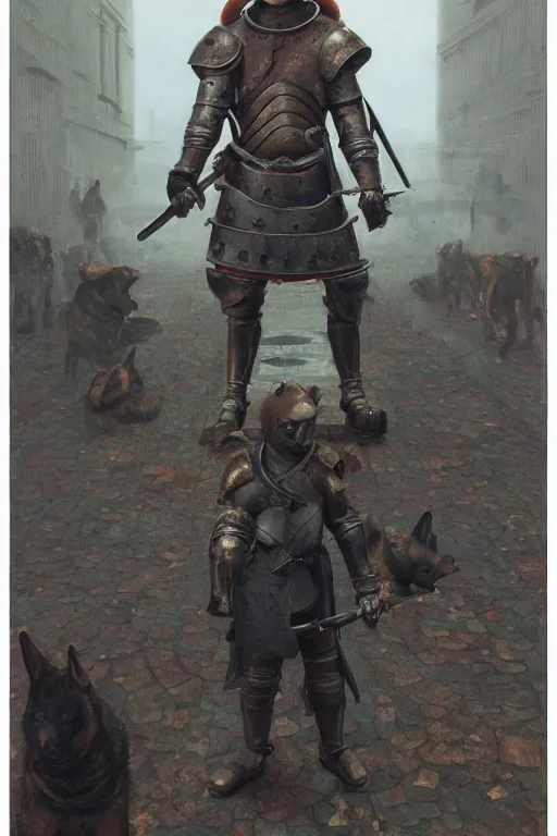 Image similar to a detailed matte portrait of an anthropomorphic shiba inu in steel plate armor, shiba inu face, very large longsword leaning against the side of a tavern, city streets, masterpiece, 8 k, art by donato giancola and greg rutkowski and wayne barlow and zdzisław beksinski