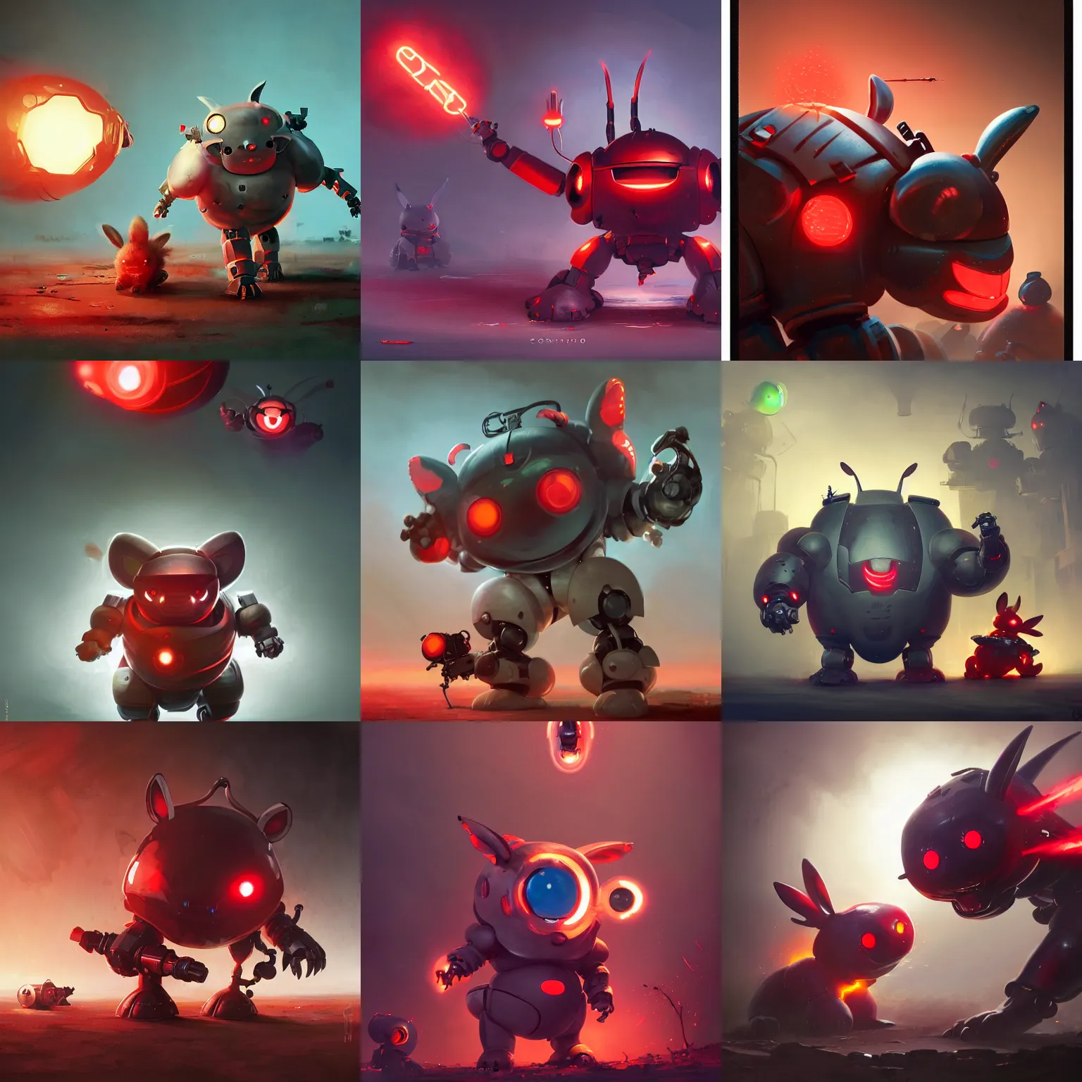 Prompt: sideview of cute chubby dangerous angry 3 years old robots childs in battle pose ruling the world with big glowing red eyes and big rabbit ears , big complex belly mechanism , studio light, wapor wave retro design by greg rutkowski