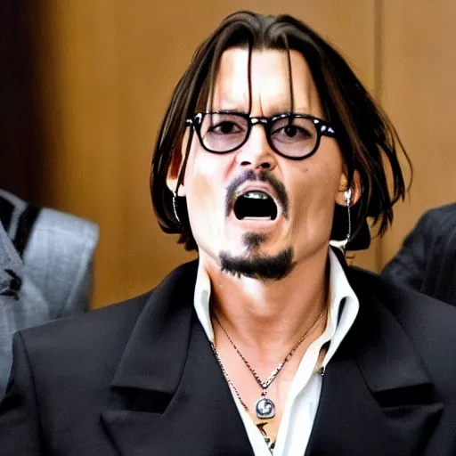 Image similar to full - body shot johnny depp screaming cheerfully in court as he wins defamation case, 4 k, photorealistic photography