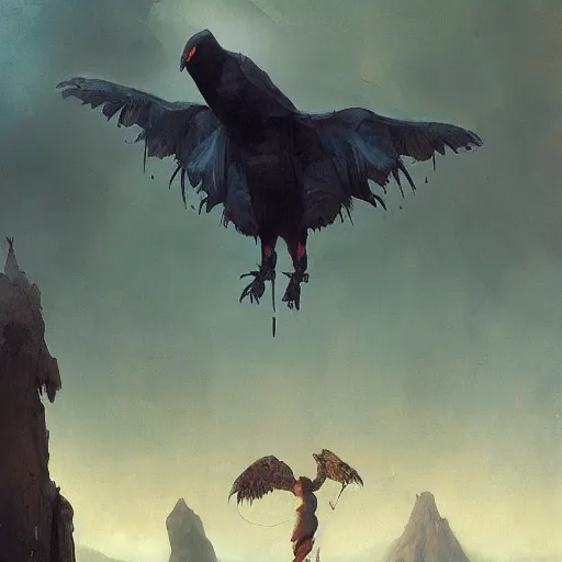 Image similar to Exterior Desert Oasis puissant physique demonic crow wearing a devilry costume Jan Van eyck greg rutkowski ilya repin christophe young bastien lecouffe-deharme ismail inceoglu odd nerdrum dragan bibin john steuart curry