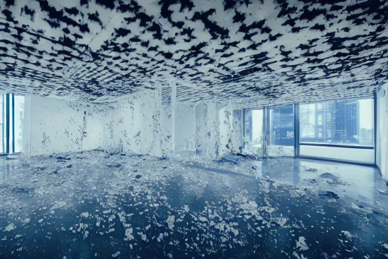 Image similar to surrealist office with a melting ceiling, sinister ceiling dripping down, liminal space, empty office, eerie, chromatic, cinematic, intricate coral infestation, 4k HD photography