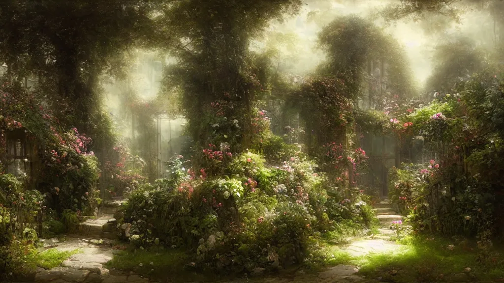 Image similar to the secret garden. the hidden garden. private garden. andreas achenbach, artgerm, mikko lagerstedt, zack snyder, tokujin yoshioka