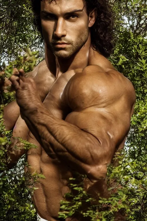 Prompt: portrait of a muscular man, chiseled features, beautiful flowing brown curly hair, mythological, god of nature, defined muscles, artsy photography, film photo, 4 k, model posing, deep tan skin, trending on artstation, fashion photography, yellow eyes, overgrown background, dryad, verdant forest