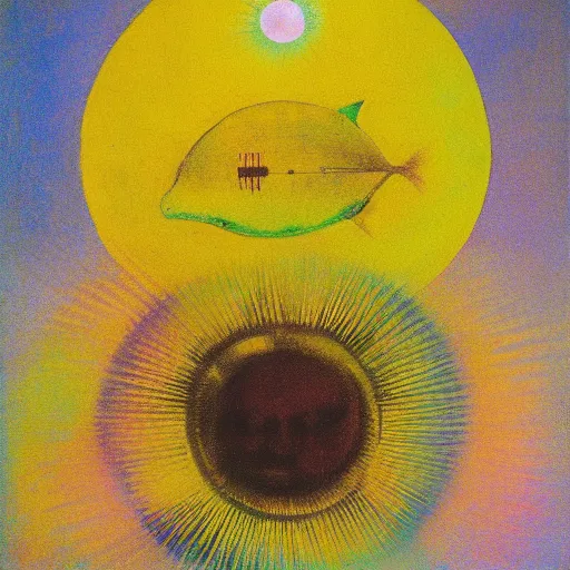 Image similar to sun fish made of sun and rainbow, odilon redon