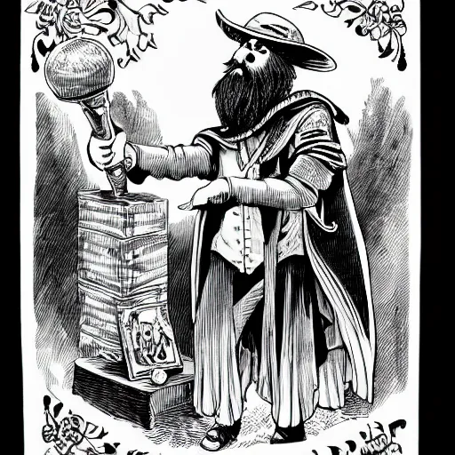 Prompt: wizard with beard, holding a bomb, dnd, high detail, fantasy, in the style of vintage antique illustration and line drawing or engraving - c 9. 0