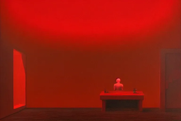 Image similar to only with red, netflix studios with workers at work, a big mickey mouse head in the middle, in the style of beksinski, parts by edward hopper, parts by rodcenko, parts by yue minjun, intricate and epic composition, red by caravaggio, insanely quality, highly detailed, masterpiece, red light, artstation, 4 k