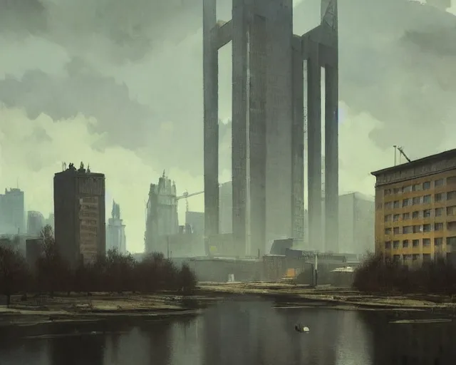 Prompt: brutalist soviet city of warsaw, poland. fantasy art by greg rutkowski, gustave courbet, rosa bonheur, edward hopper. faithfully depicted architecture, realistic, sharp focus, global illumination, radiant light, detailed and intricate environment, trending on artstation