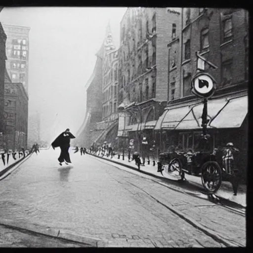 Image similar to old black and white photo, 1 9 1 3, depicting batman from dark knight running through the bustling streets of new york city, rule of thirds, three - point perspective, historical record
