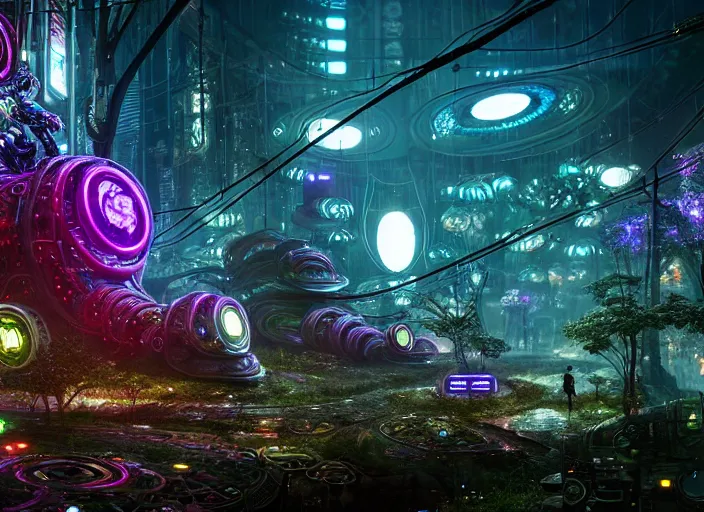 Image similar to giant intricate mechanical snail with cybernetic enhancements and visible gears and fiber optics, on the background of a weird magical mechanical forest. Very detailed 8k. Fantasy cyberpunk horror. Sharp. Cinematic post-processing. Unreal engine. Nanite. Ray tracing. Parallax. Tessellation