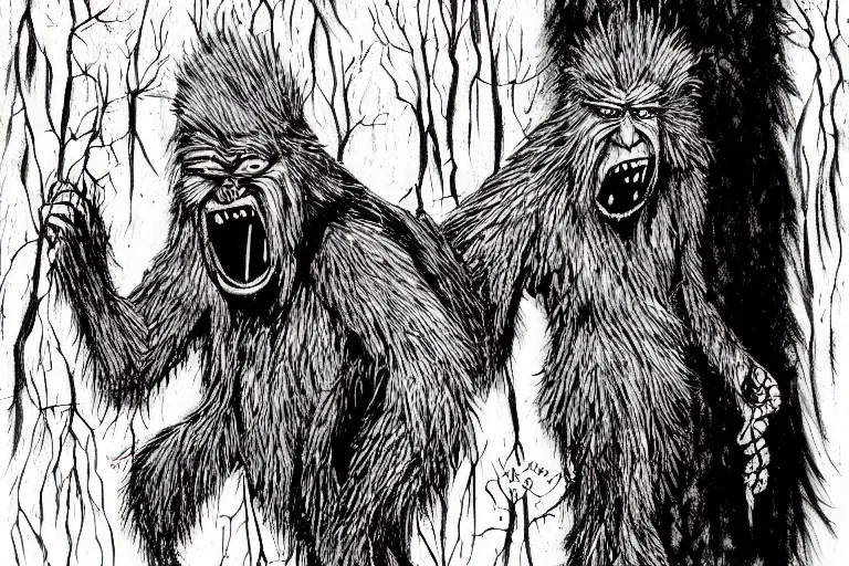 Prompt: mad bigfoot screaming in the woods artwork by ben templesmith