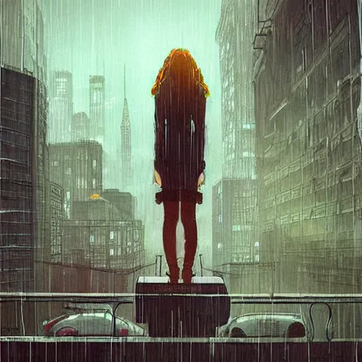 Image similar to “ a girl on a ledge overlooking futuristic new york city, ghostpunk, heavy rain, high detail, by moebius ”