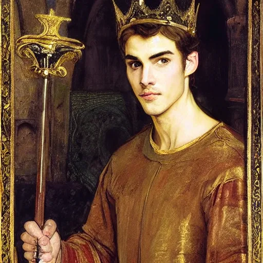 Prompt: painting of handsome beautiful medieval prince in his 2 0 s named shadow wearing a golden crown, elegant, soft facial features, delicate, clear, sharp focus, painting, stylized, art, art by john everett millais, john william waterhouse