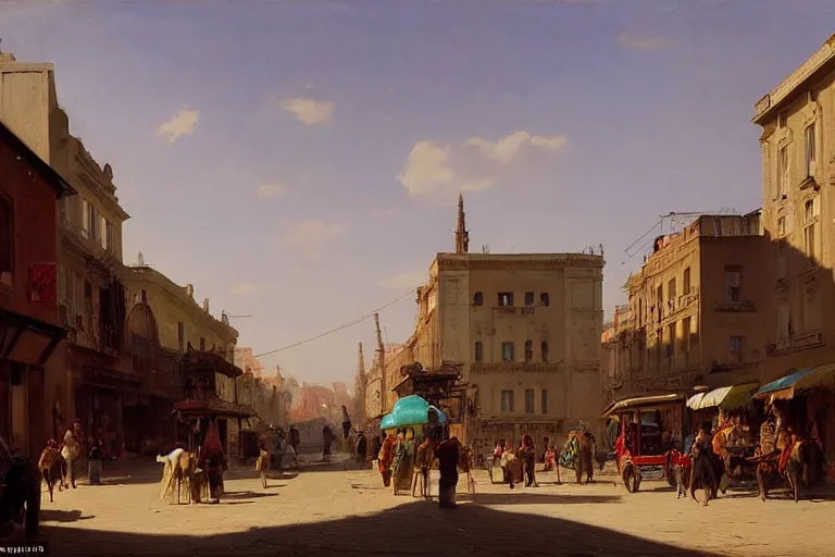 Prompt: street at dawn in a very beautiful Western town in summer by Ludwig Deutsch and Rudolf Ernst, colorful architecture, strong dramatic cinematic lighting, lost civilizations, smooth, sharp focus, extremely detailed