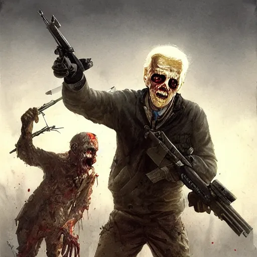 Image similar to zombie joe biden with a sniper rifle geog darrow greg rutkowski