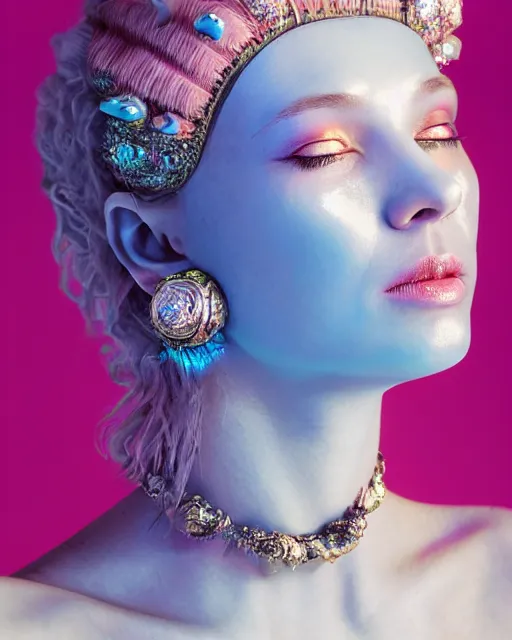 Image similar to natural light, soft focus portrait of a android with soft synthetic pink skin, blue bioluminescent plastics, smooth shiny metal, elaborate diamond ornate head piece, piercings, face tattoo, skin textures, by annie liebovotz, paul lehr,