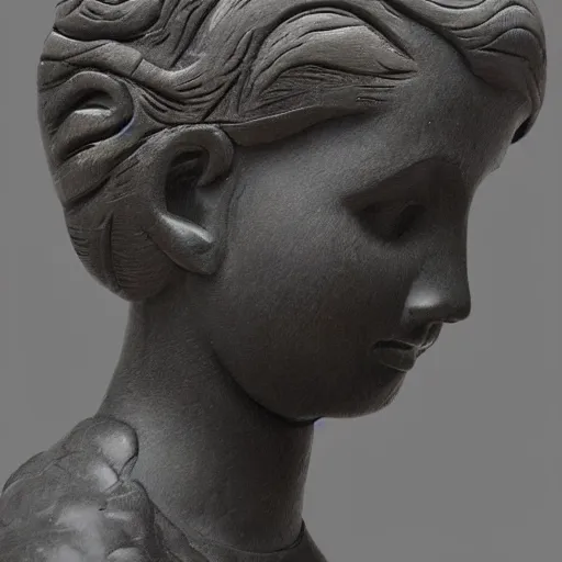 Prompt: a beautiful hand carved portrait of a pretty girl made of black marble, dynamic pose