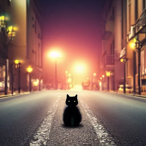 Prompt: black cat with big eyes in the middle of the street at mid night with the moon in the sky. Award winning. Unreal 5. Realistic. Highly detailed. Artstation. Professional photographer.
