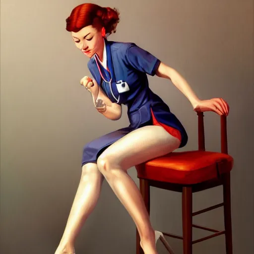 Image similar to portrait of a nurse on a stool, expressive pose, futuristic, highly detailed, digital painting, artstation, concept art, smooth, sharp focus, by Alberto Vargas