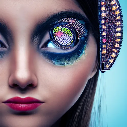 Image similar to mosaic of a cute young woman with robot ears and eyes, 4k, intricate details