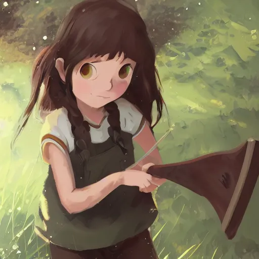 Image similar to portrait of a child with brown pigtails and green eyes, holding an axe, forest background, highly detailed, digital painting, artstation, matte, by makoto shinkai, animation style, studio ghibli, anime key visual